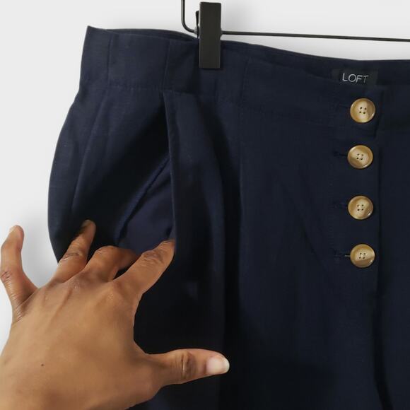 Loft Linen Blend Button Front Wide Leg Crop Pants High Rise Navy Blue Large - Picture 5 of 12